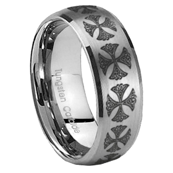 8mm-Medieval-Cross-Dome-Brushed-Tungsten-Carbide-Men's-Promise-Rings