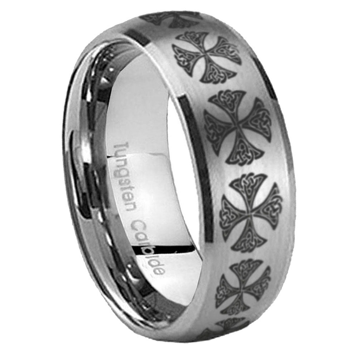 8MM Medieval Cross Dome Brushed Gray Tungsten Wedding Band For Men