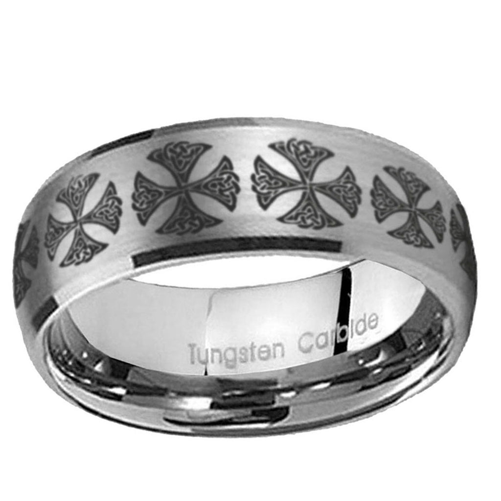 5MM Medieval Cross Dome Brushed Gray Tungsten Wedding Band For Men
