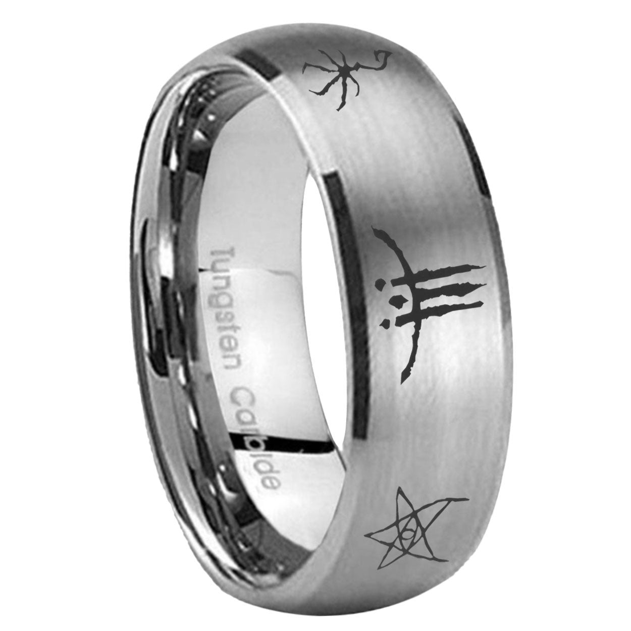 8MM Blackborne Caryll Runes Dome Brushed Gray Tungsten Wedding Band