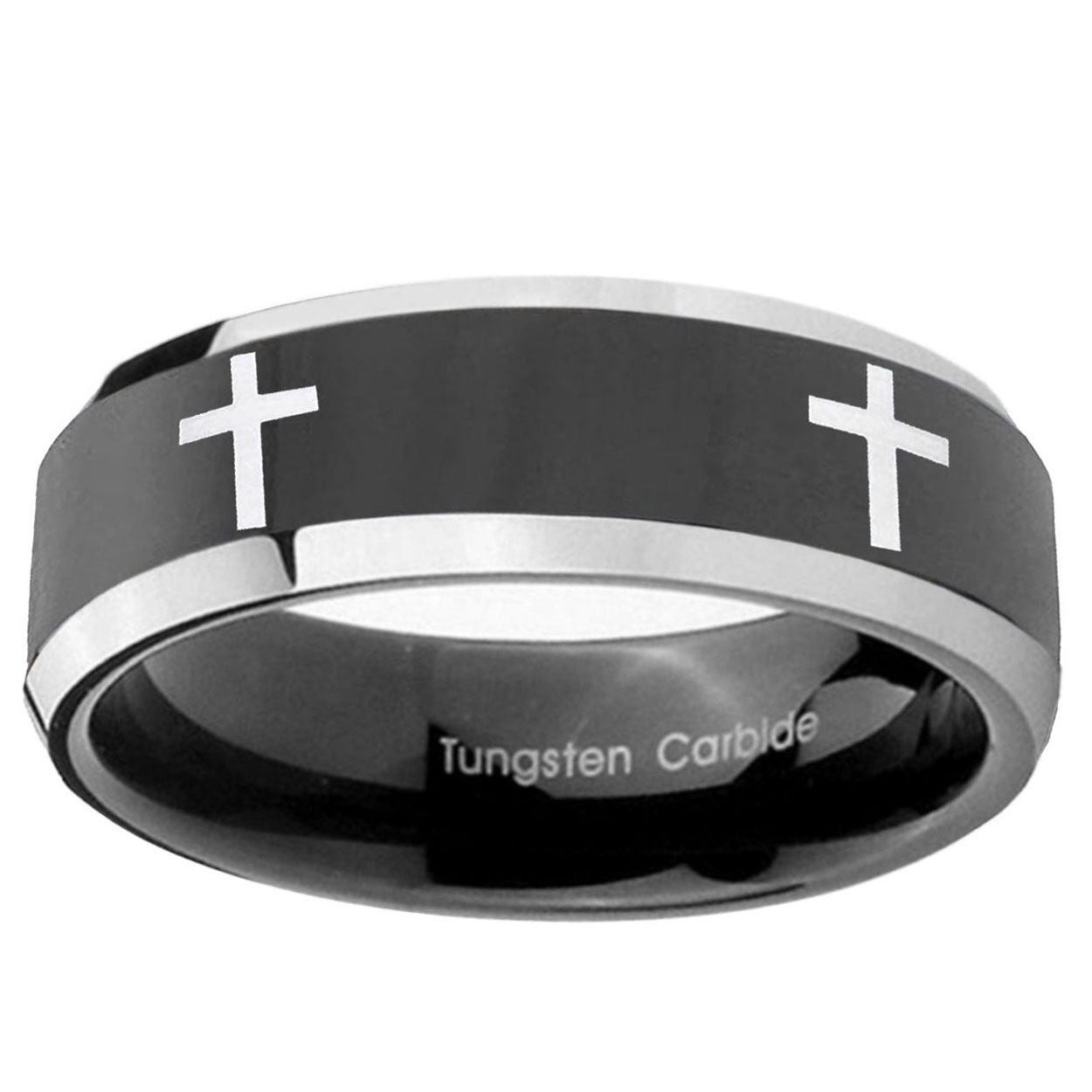 10mm Crosses Beveled Edge Glossy Black 2 Tone Tungsten Ring