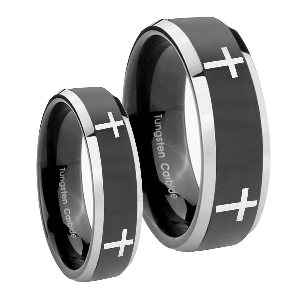 Crosses Beveled Glossy Black 2 Tone Tungsten Mens Ring Set