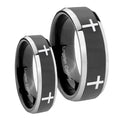 Crosses Beveled Glossy Black 2 Tone Tungsten Mens Ring Set