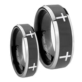 His Hers Crosses Beveled Glossy Black 2 Tone Tungsten Men's Promise Rings Set