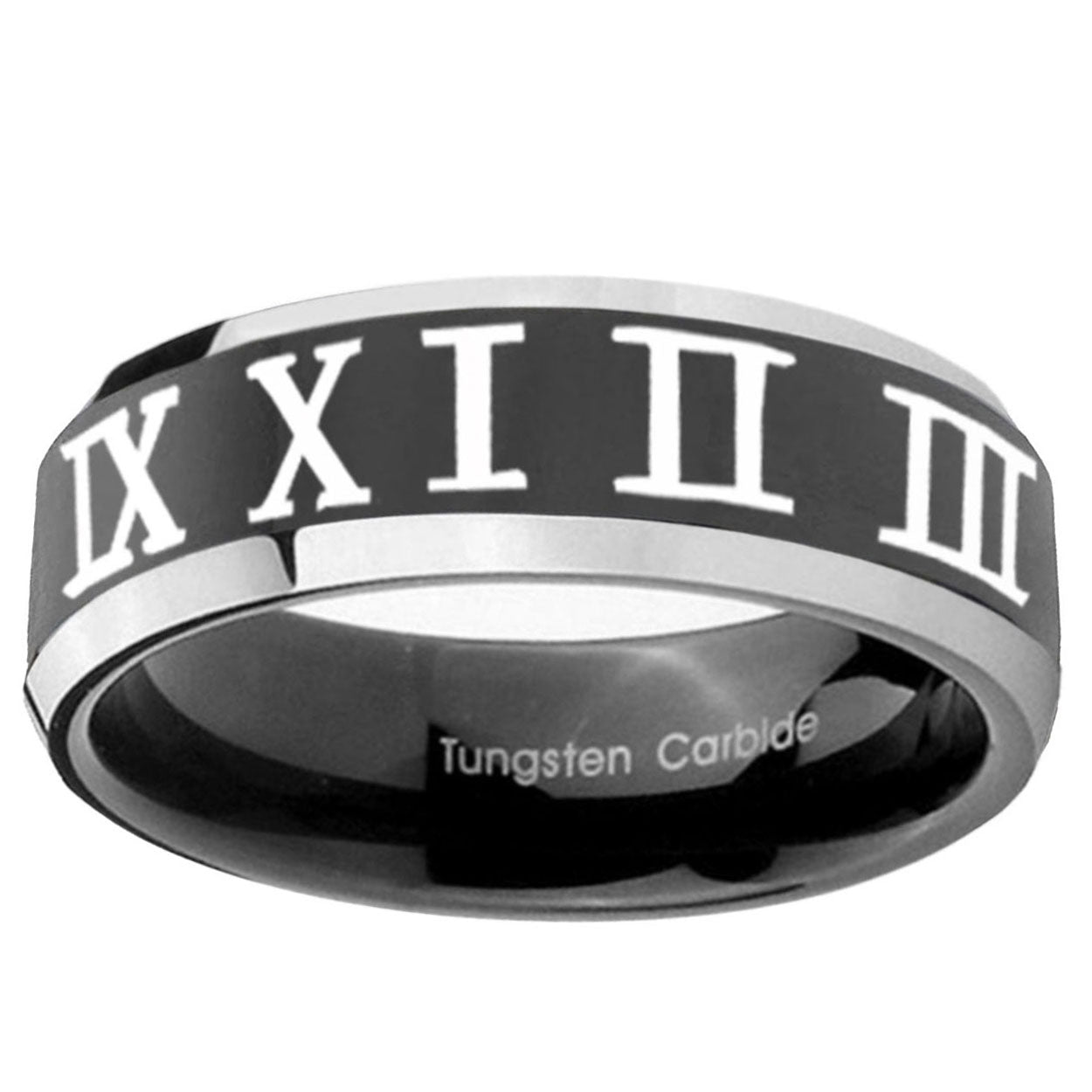 10mm Roman Numeral Beveled Edge Glossy Black 2 Tone Tungsten Ring