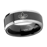 10mm-Fleur-De-Lis-Beveled-Glossy-Black-2-Tone-Tungsten-Engagement-Ring