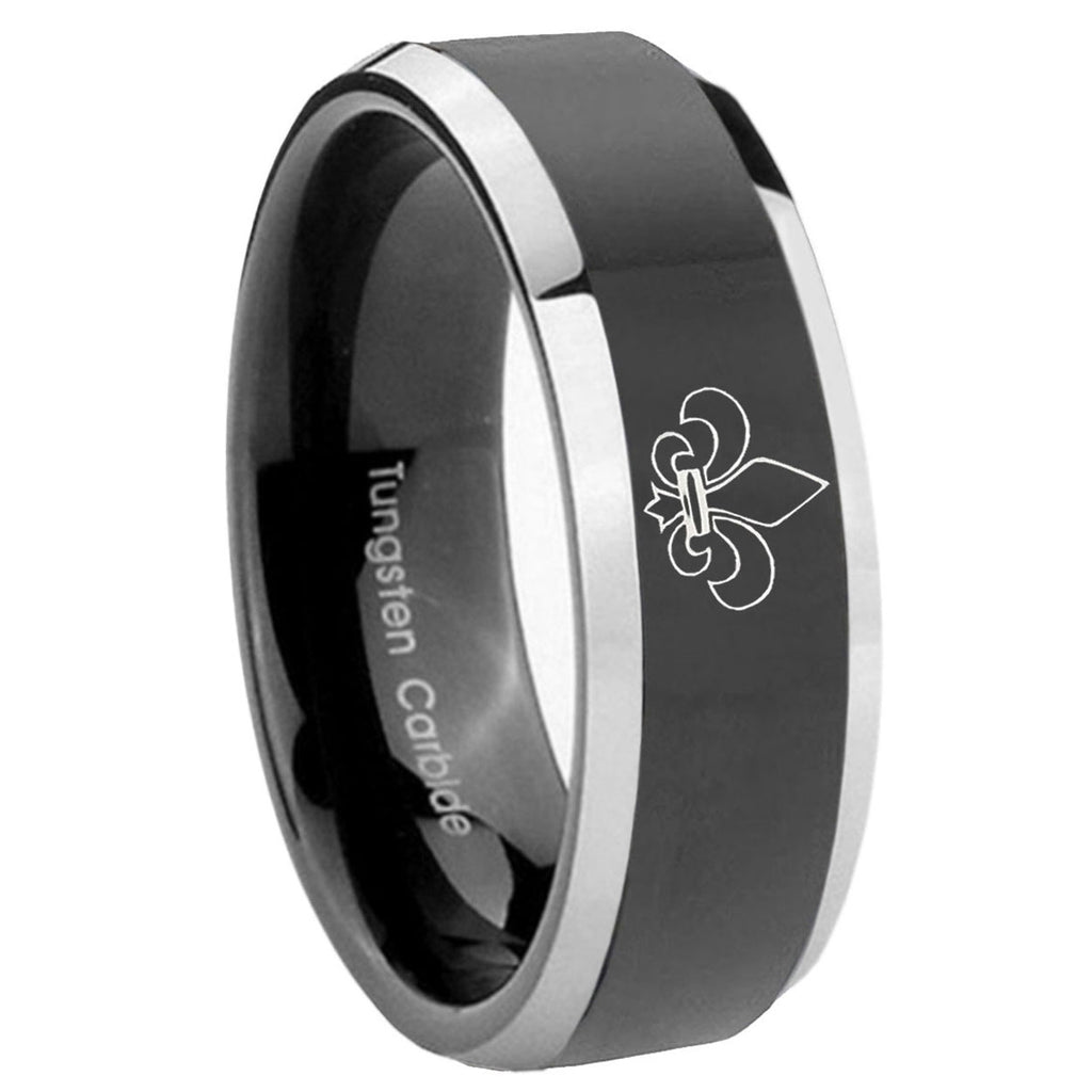 8mm Fleur-De-Lis Beveled Glossy Black 2 Tone Tungsten Ring