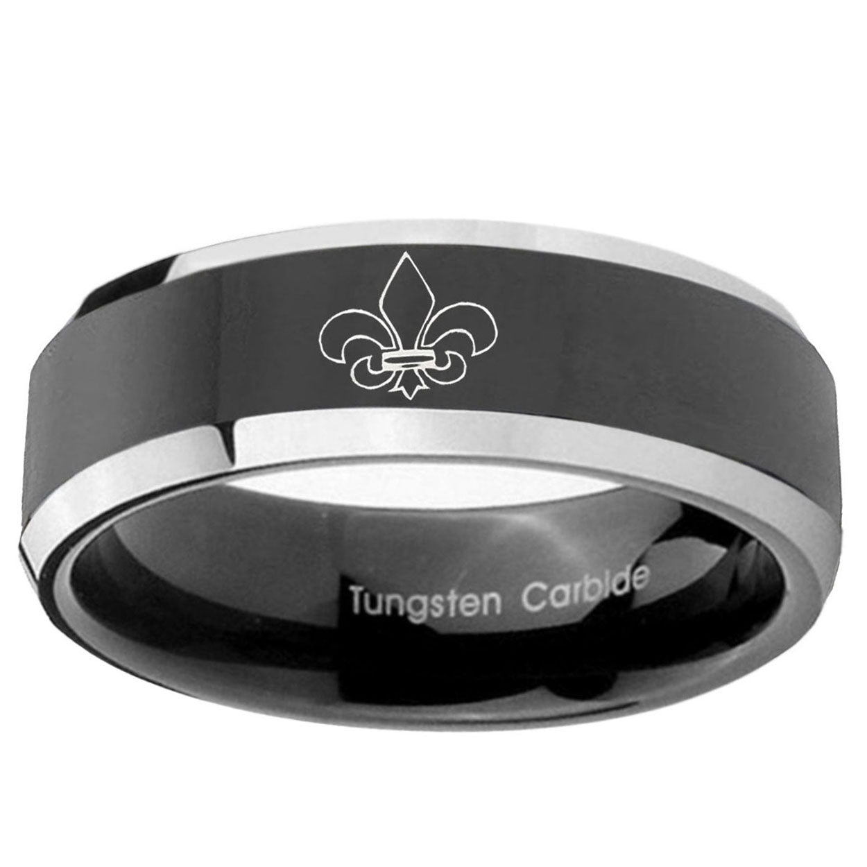 10mm Fleur-De-Lis Beveled Glossy Black 2 Tone Tungsten Ring