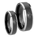Fleur De Lis Beveled Glossy Black 2 Tone Tungsten His Hers Set Rings