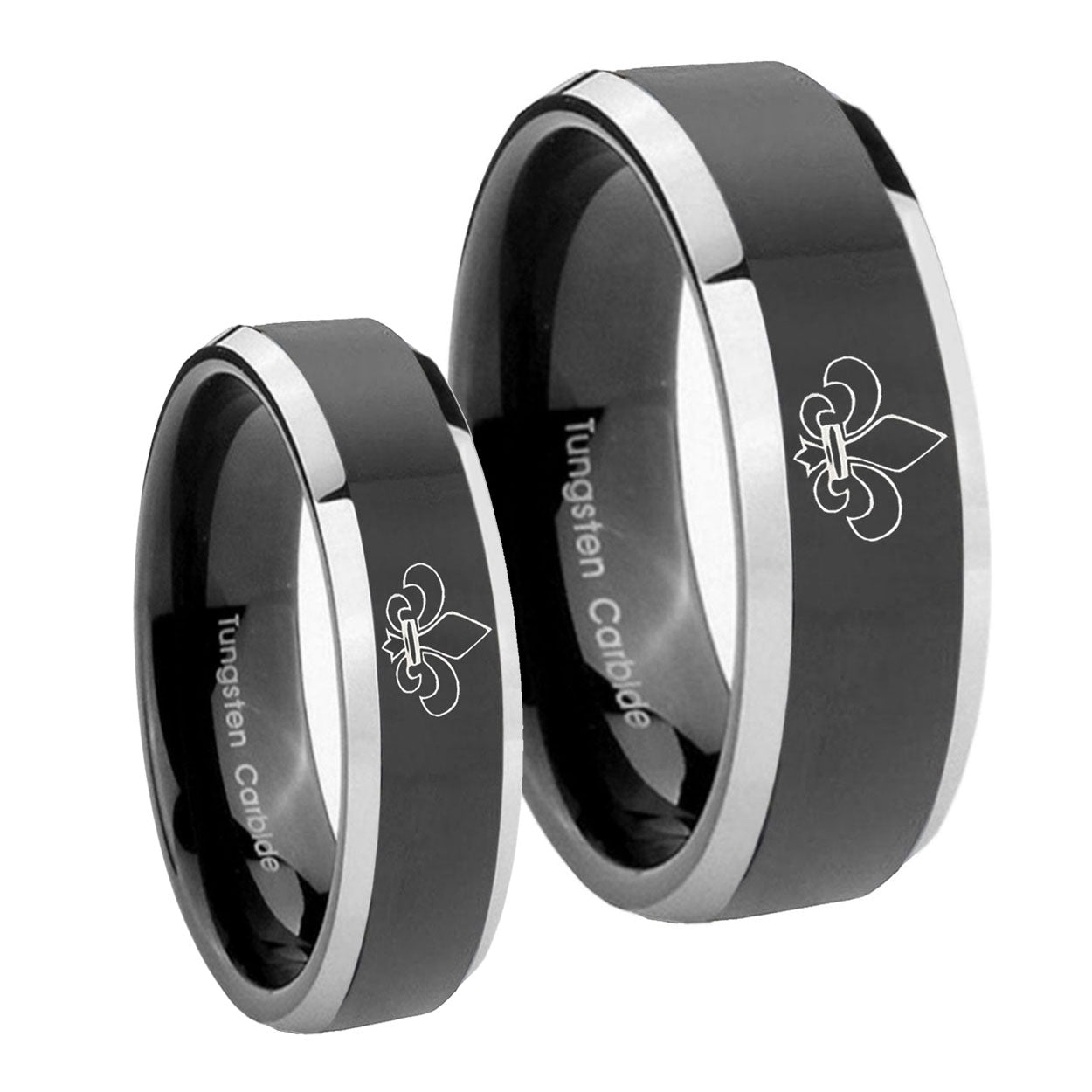 Fleur De Lis Beveled Glossy Black 2 Tone Tungsten His Hers Set Rings