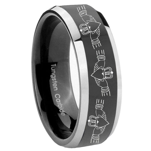 10mm Irish Claddagh Beveled Edges Glossy Black 2 Tone Tungsten Bands Ring