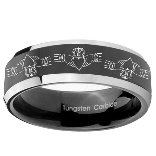 10mm Irish Claddagh Beveled Edge Glossy Black 2 Tone Tungsten Bands Ring