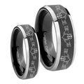Irish Claddagh Beveled Glossy Black 2 Tone Tungsten Couple Wedding Rings