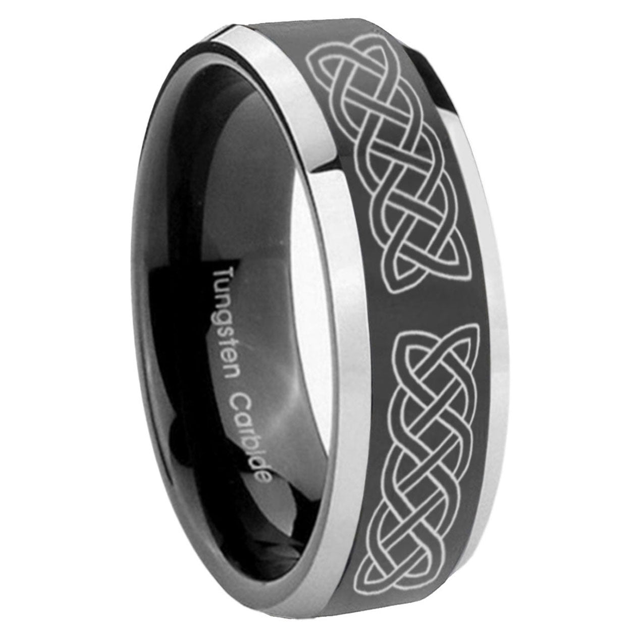 8mm Celtic Knot Beveled Glossy Black 2 Tone Tungsten Ring