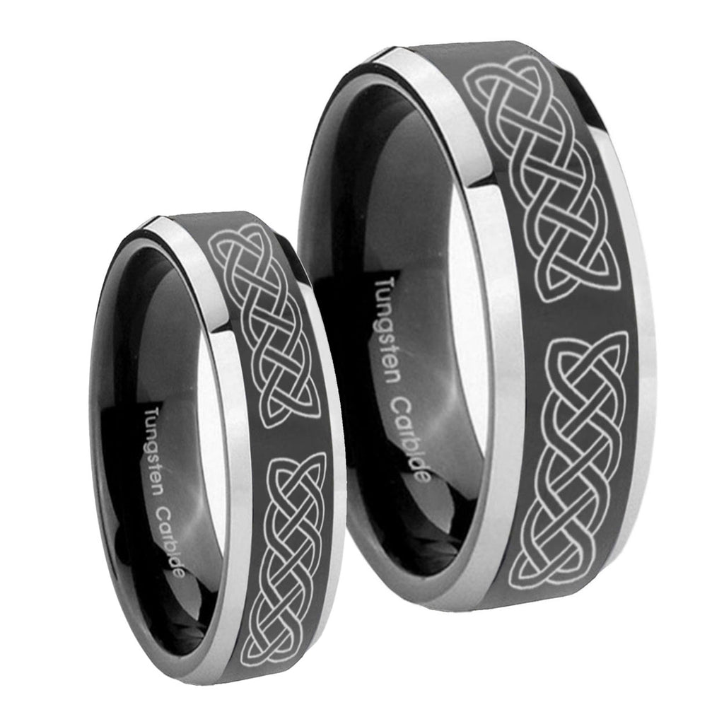 Celtic Knot Beveled Glossy Black 2 Tone Tungsten Bridal Ring Set