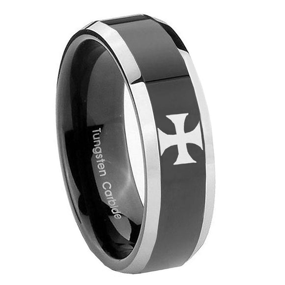 8mm-Maltese-Cross-Beveled-Edges-Glossy-Black-2-Tone-Tungsten-Mens-Ring-Engraved