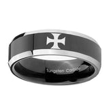 10mm-Maltese-Cross-Beveled-Edges-Glossy-Black-2-Tone-Tungsten-Engraved-Ring