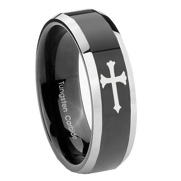 10mm-Christian-Cross-Beveled-Edges-Glossy-Black-2-Tone-Tungsten-Men's-Band-Ring