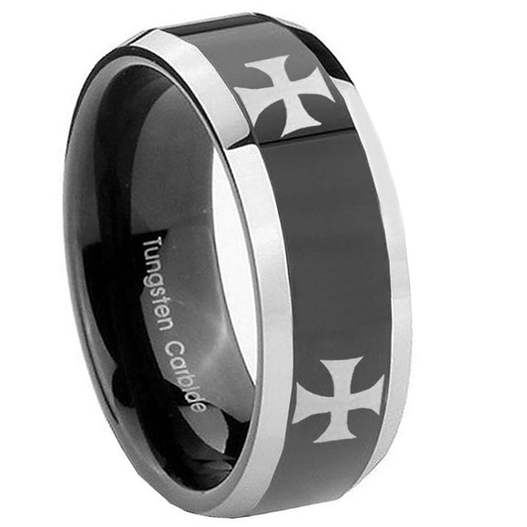 8mm-4-Maltese-Cross-Beveled-Glossy-Black-2-Tone-Tungsten-Men's-Band-Ring