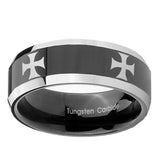 8mm-4-Maltese-Cross-Beveled-Glossy-Black-2-Tone-Tungsten-Men's-Band-Ring