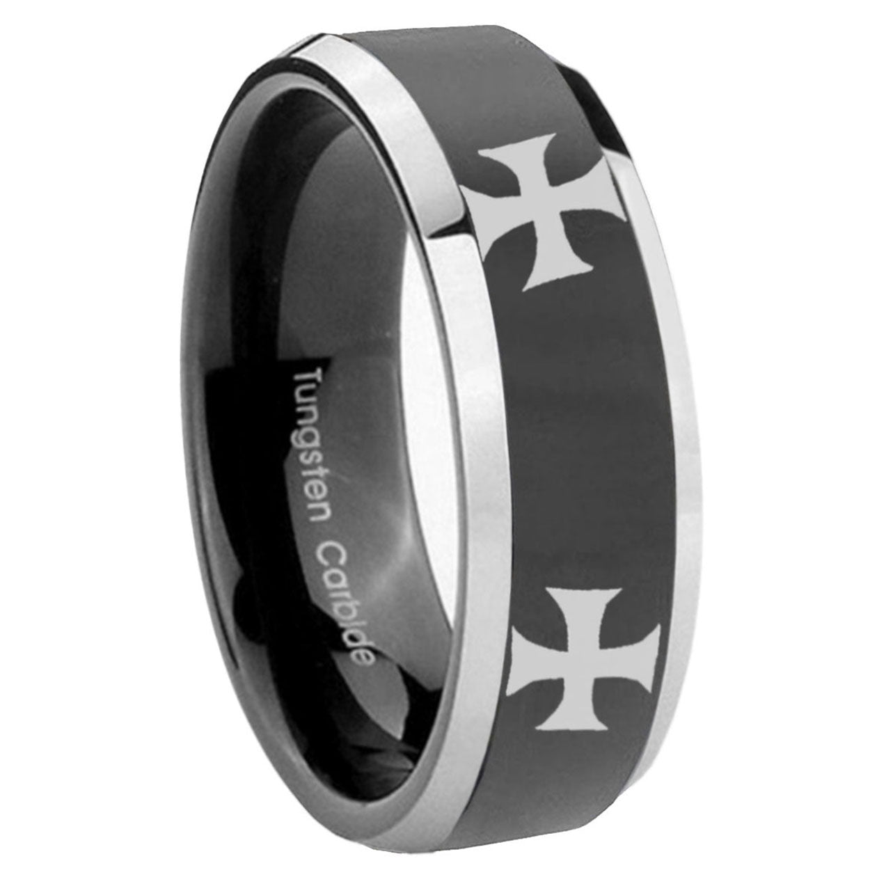 10mm 4 Maltese Cross Beveled Glossy Black 2 Tone Tungsten Mens Ring Engraved