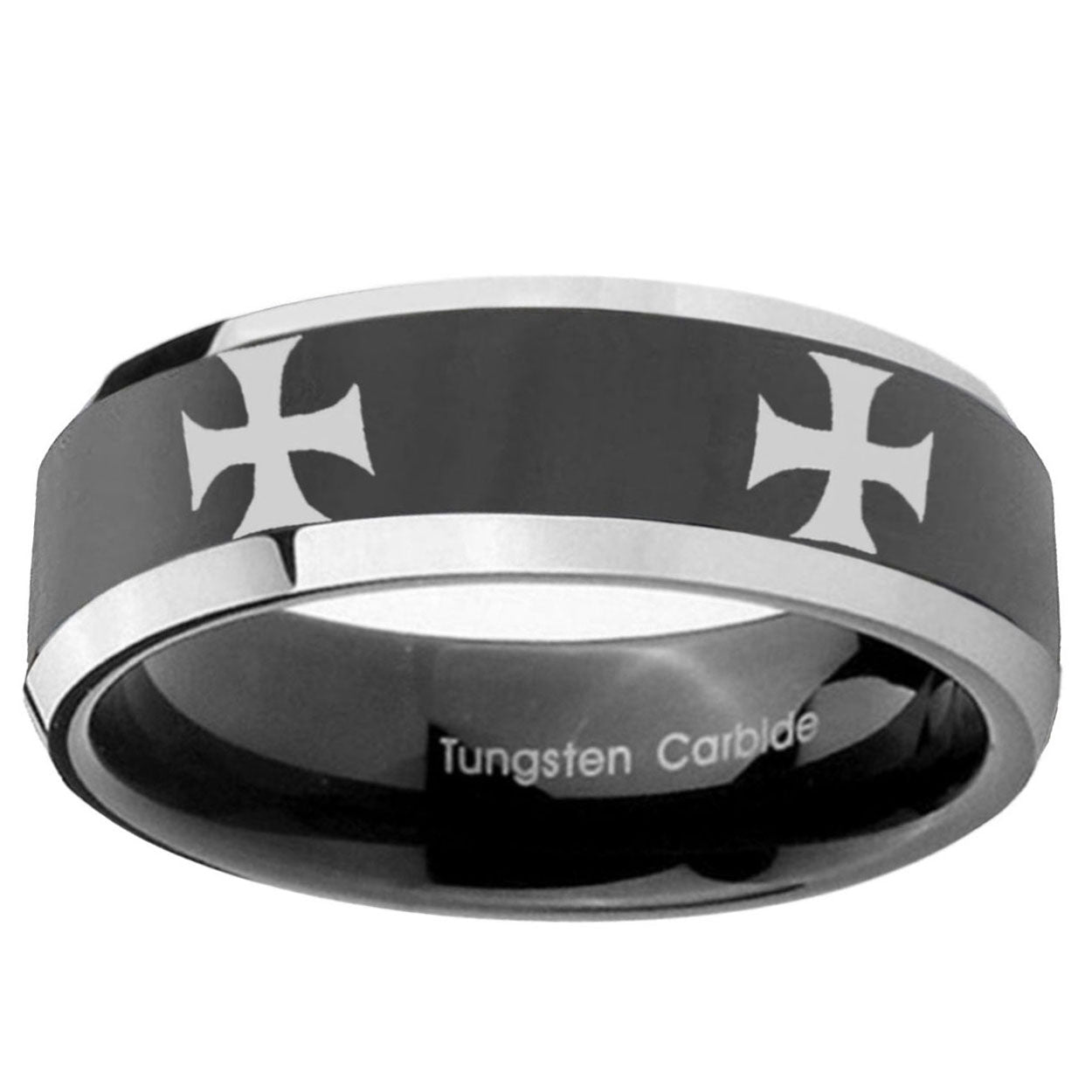10mm 4 Maltese Cross Beveled Glossy Black 2 Tone Tungsten Ring