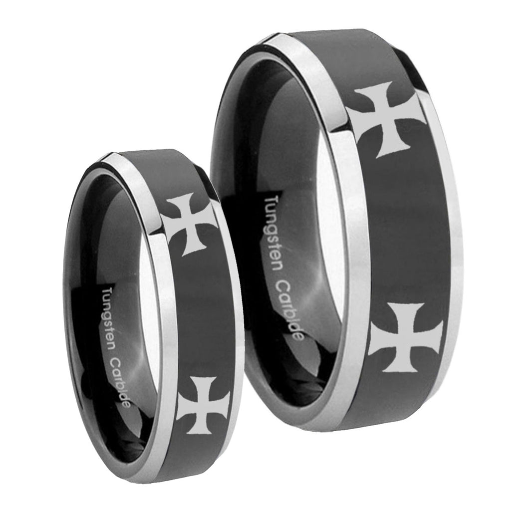 4 Maltese Cross Beveled Glossy Black 2 Tone Tungsten Engagement Ring Set