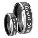 His Hers I Love You Forever and ever Beveled Glossy Black 2 Tone Tungsten Custom Ring Set