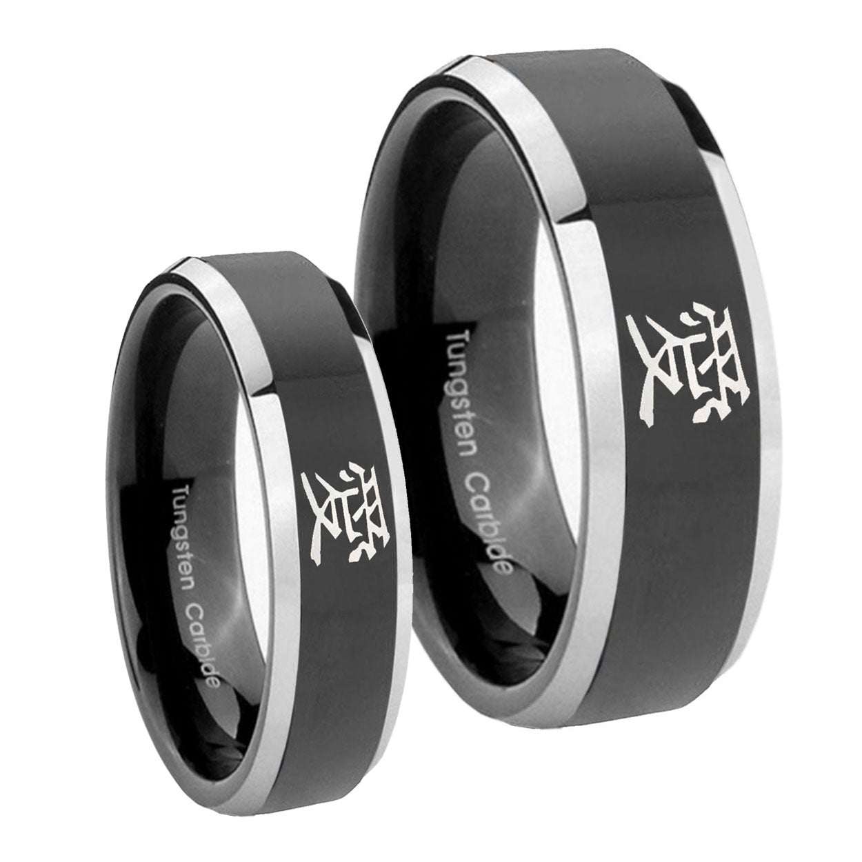 Kanji Love Beveled Edges Glossy Black 2 Tone Tungsten His And Hers Ring