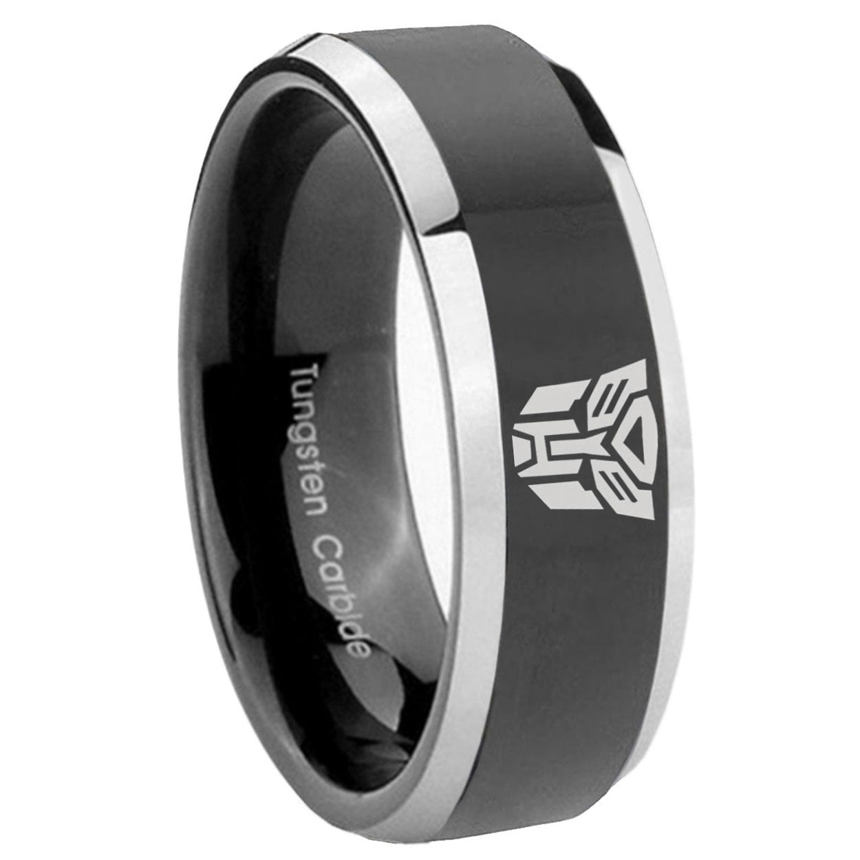 8mm Transformers Autobot Bevel Glossy Black 2 Tone Tungsten Ring