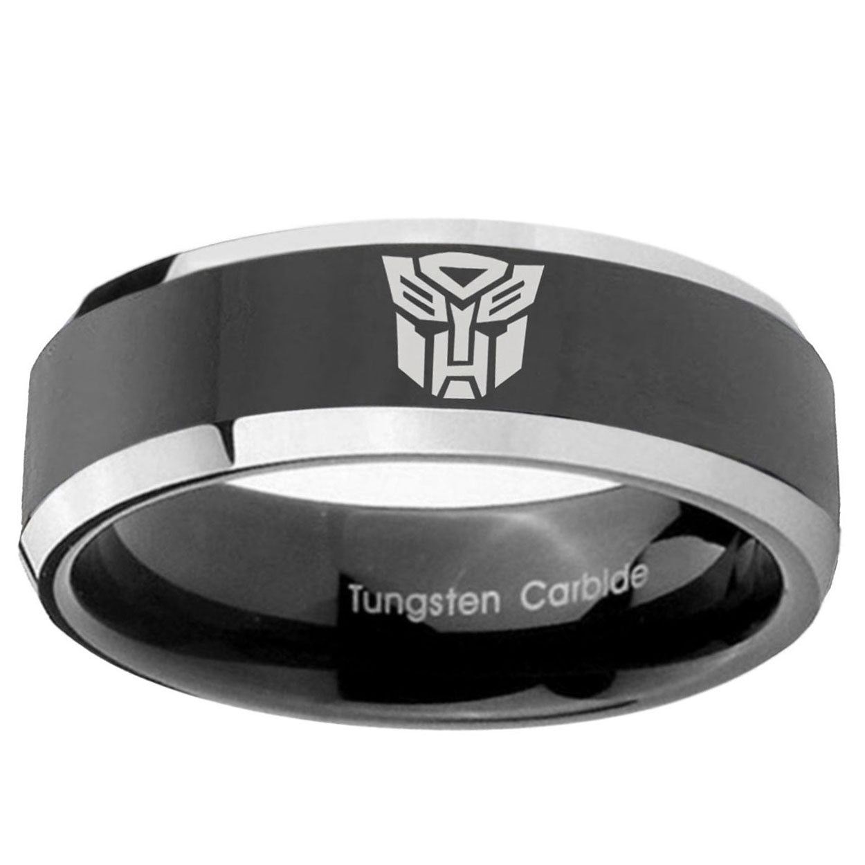 10mm Transformers Autobot Beveled Edge Glossy Black 2 Tone Tungsten Mens Ring