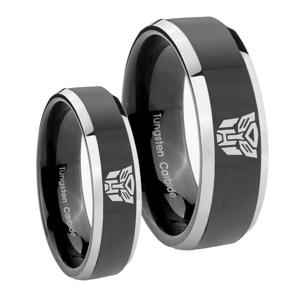 Transformers Autobot Beveled Glossy Black 2 Tone Tungsten Mens Band Set