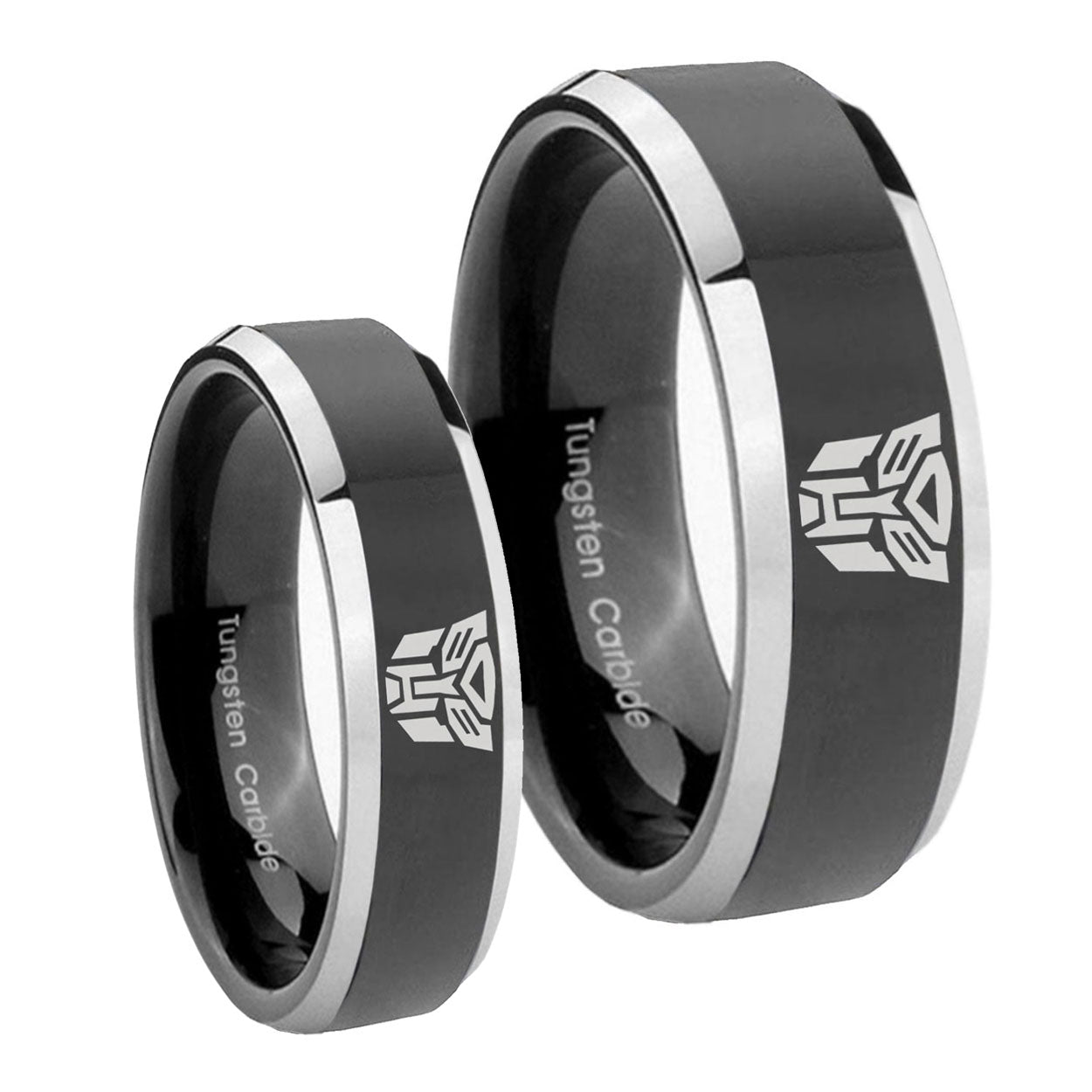 Transformers Autobot Beveled Glossy Black 2 Tone Tungsten Mens Band Set