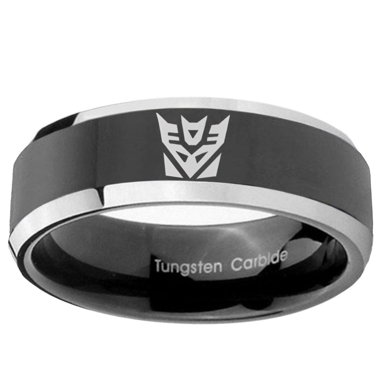 10mm Decepticon Transformers Beveled Glossy Black 2 Tone Tungsten Bands Ring