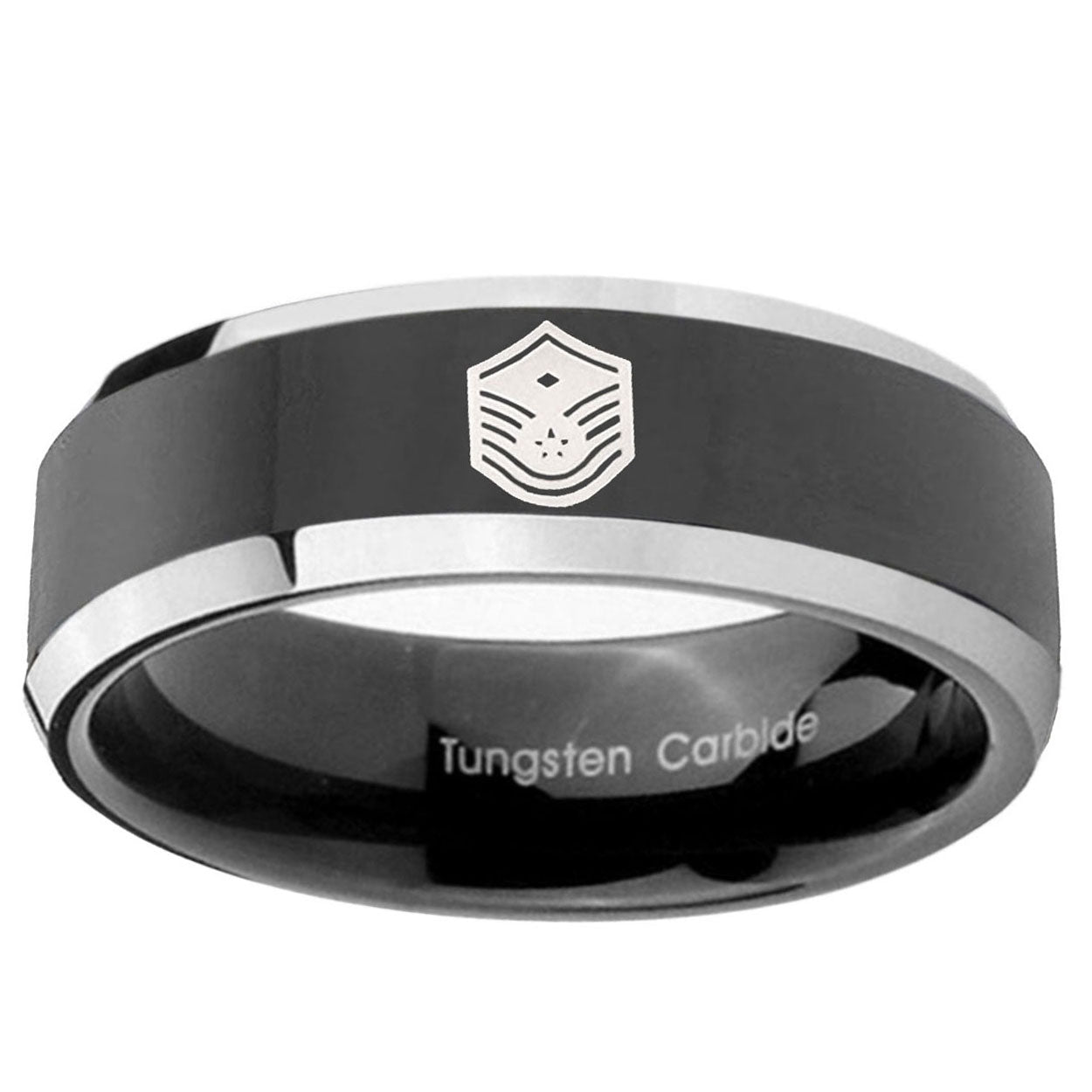 10mm Chief Master Sergeant Vector Beveled Glossy Black 2 Tone Tungsten Mens Ring