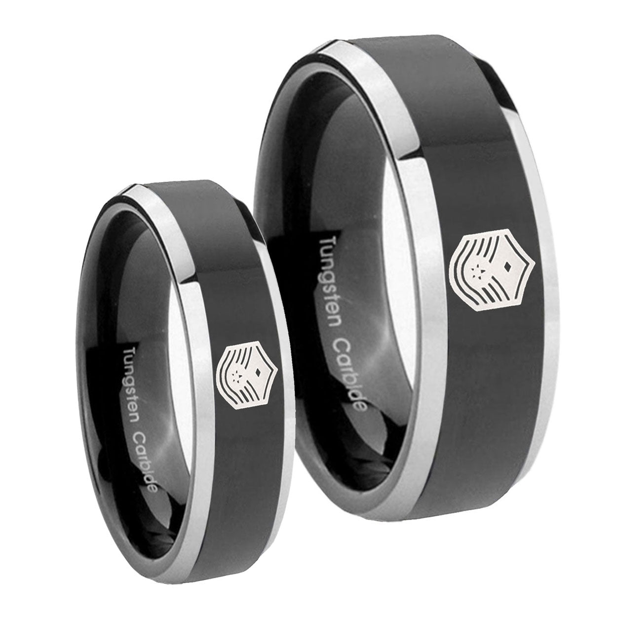 Chief Master Sergeant Vector Beveled Glossy Black 2 Tone Tungsten Engagement Ring Set