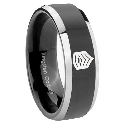 10mm Army Sergeant Major Beveled Edges Glossy Black 2 Tone Tungsten Bands Ring