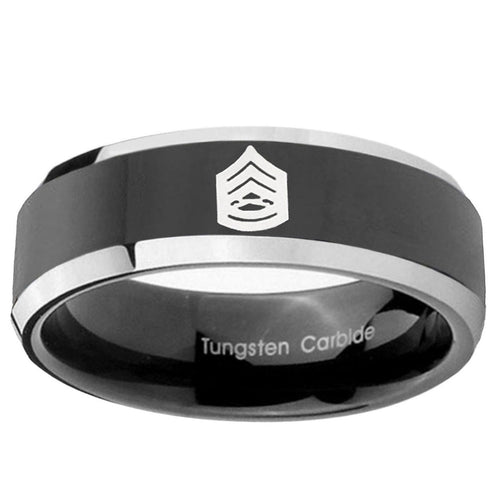 10mm Army Sergeant Major Beveled Edge Glossy Black 2 Tone Tungsten Bands Ring