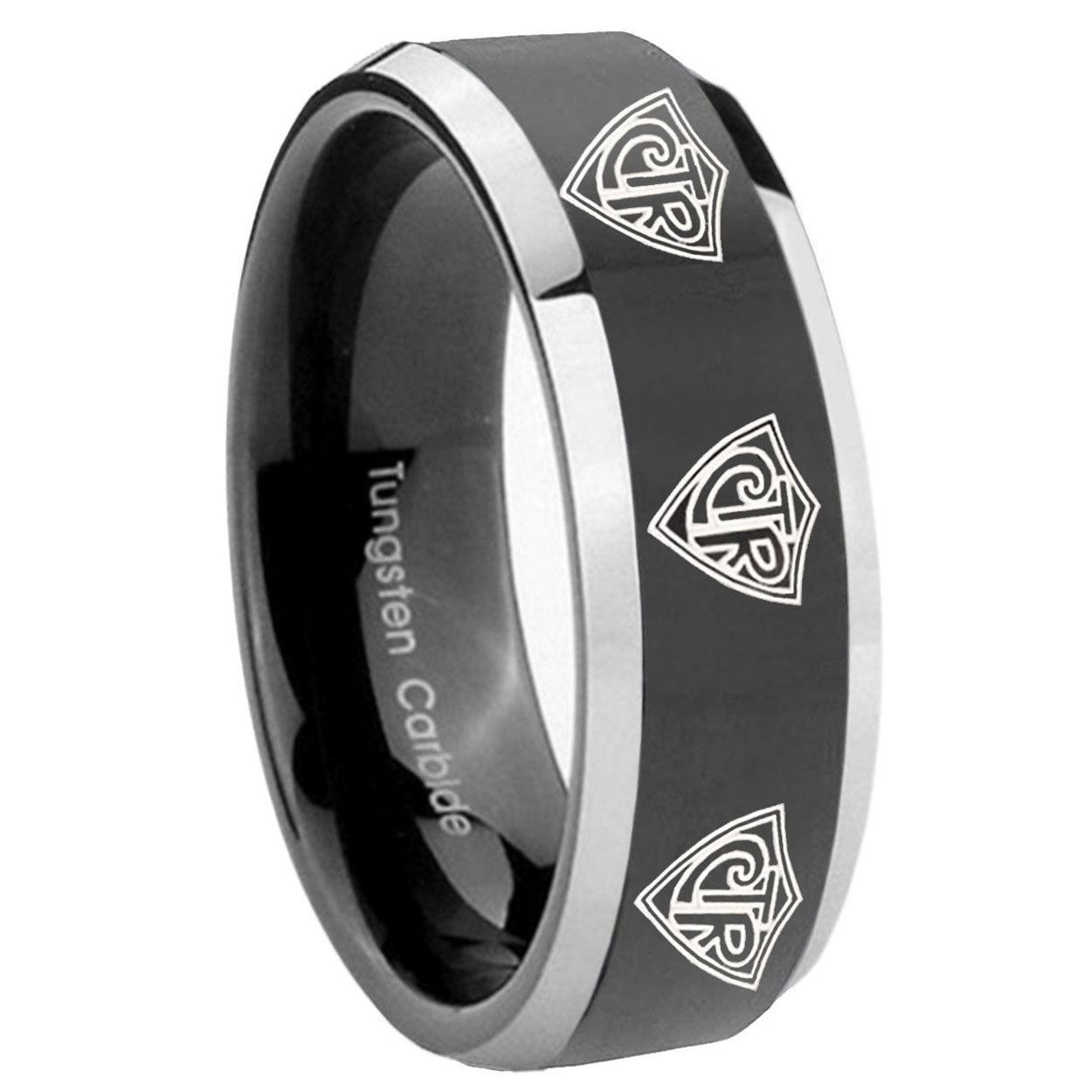 8mm Multiple CTR Beveled Glossy Black 2 Tone Tungsten Ring