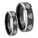 His Hers Multiple CTR Beveled Edges Glossy Black 2 Tone Tungsten Engraved Ring Set