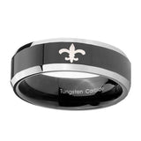 10mm-Fleur-De-Lis-Beveled-Glossy-Black-2-Tone-Tungsten-Mens-Engagement-Ring
