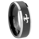 His Hers Fleur De Lis Beveled Glossy Black 2 Tone Tungsten Men's Band Ring Set