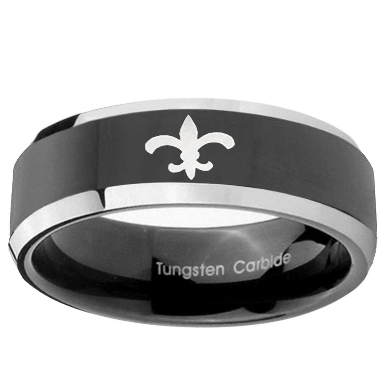 5mm Fleur-De-Lis Beveled Glossy Black 2 Tone Tungsten Ring