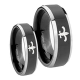 His Hers Fleur De Lis Beveled Glossy Black 2 Tone Tungsten Men's Band Ring Set