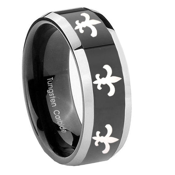 8mm-Multiple-Fleur-De-Lis-Beveled-Glossy-Black-2-Tone-Tungsten-Custom-Mens-Ring