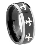 8mm-Multiple-Fleur-De-Lis-Beveled-Glossy-Black-2-Tone-Tungsten-Custom-Mens-Ring