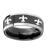 10mm-Multiple-Fleur-De-Lis-Beveled-Glossy-Black-2-Tone-Tungsten-Men's-Band-Ring