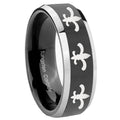8mm Multiple Fleur-De-Lis Bevel Glossy Black 2 Tone Tungsten Ring