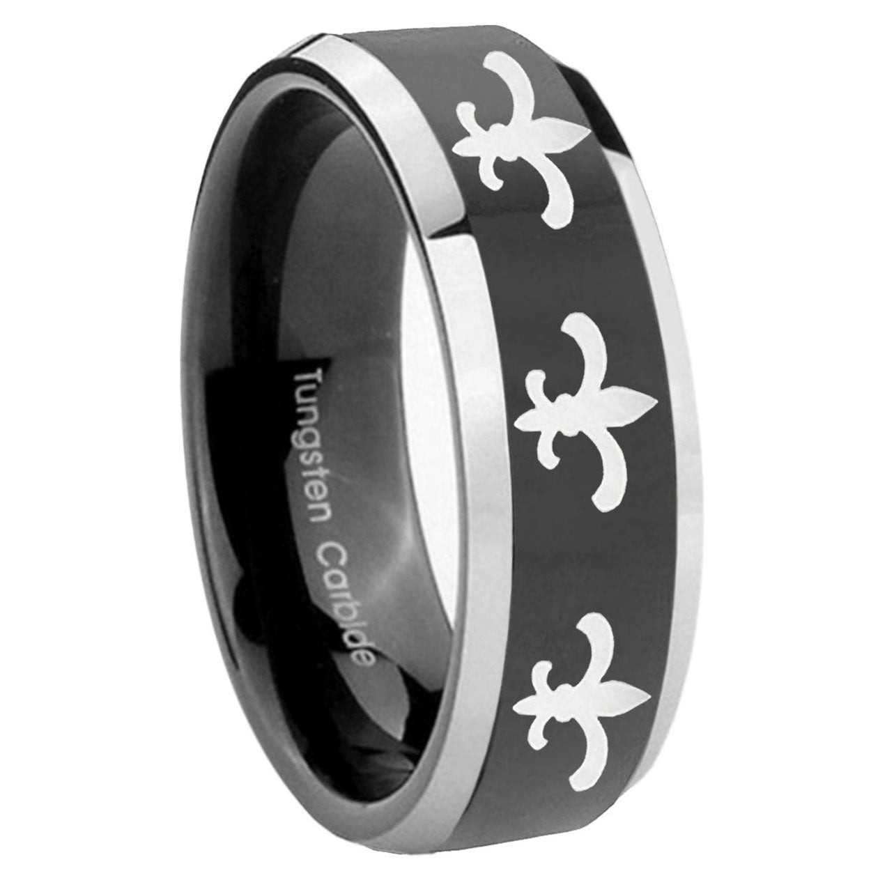 10mm Multiple Fleur Delis Beveled Glossy Black 2 Tone Tungsten Men's Band Ring