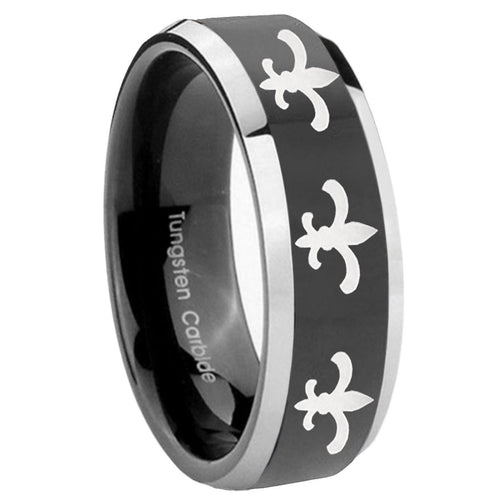 10mm Multiple Fleur Delis Beveled Glossy Black 2 Tone Tungsten Men's Band Ring